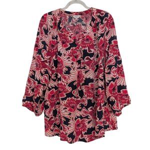 Crown & Ivy Fish Shirt Womens Size 3X Navy Blue Pink Tropical 3/4 Sleeves V Neck